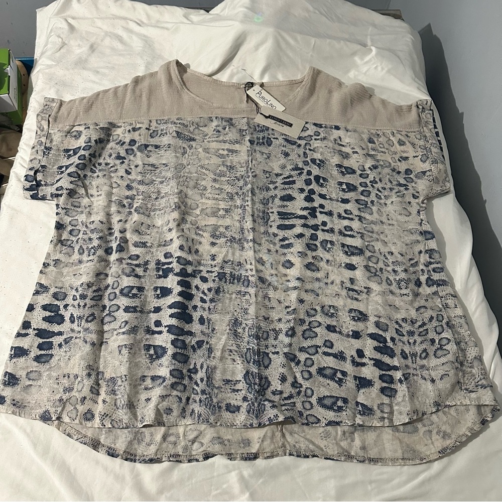 Lungo Larno Linen Top Italy Snakeskin Print Short Sleeve Loose Womens 3X NWT